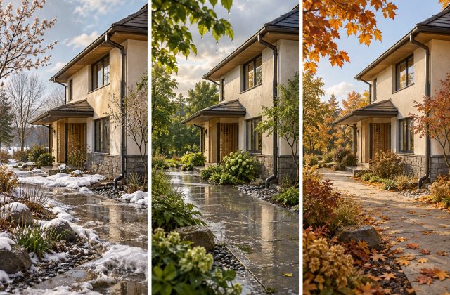계절과 기상 조건이 다른 건물 외부 비교 설명용 구성 이미지